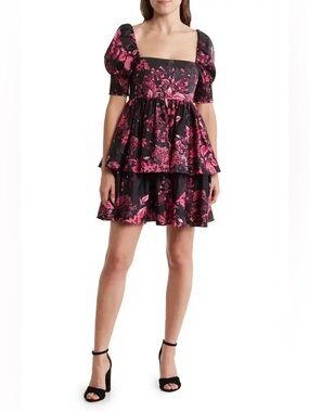 Alice + Olivia Mini Dress Womens Size 4 Emmalou Puff Sleeve Tiered Floral Pink